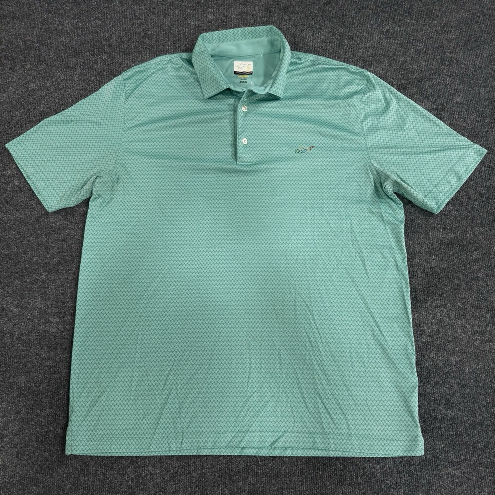 Greg Norman Play Dry Mens XL Aqua Teal Golf Polo Shirt Shark Logo Geometric